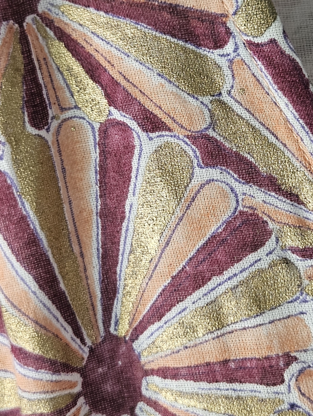 Oliphant Coated Gold Wine And Peach Graphic Printed Smocked Dress - Picture 9 of 10